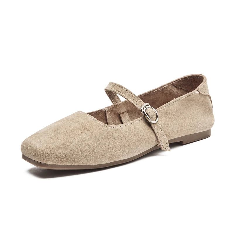 Beige suede flat shoes with adjustable instep strap and metal buckle