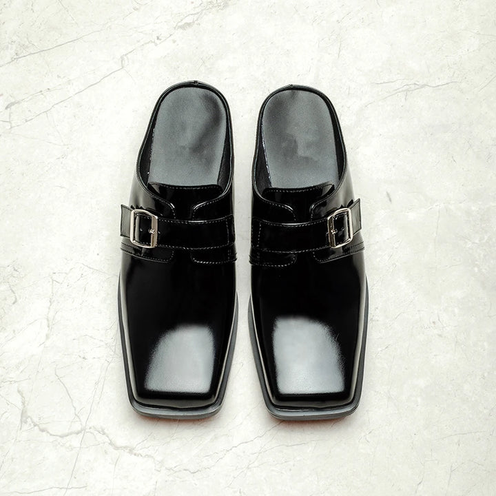 Shining Leather Square Toe Mules
