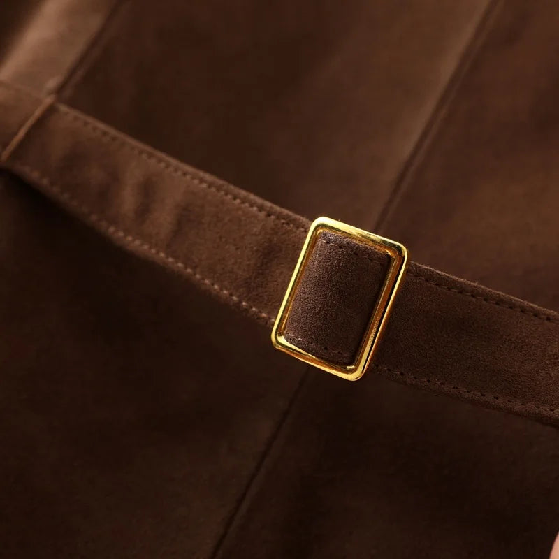 Brown suede leather vest buckle with gold-tone square hardware and strap