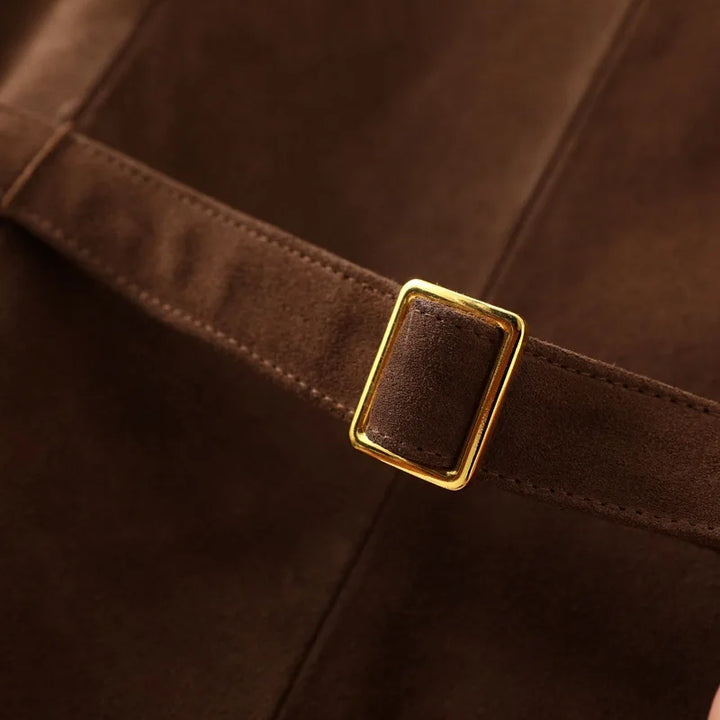 Brown suede leather vest buckle with gold-tone square hardware and strap