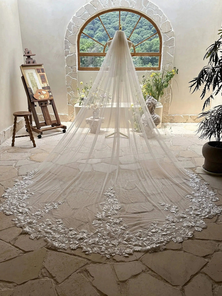 Modest Floral Appliqué Bridal Veil