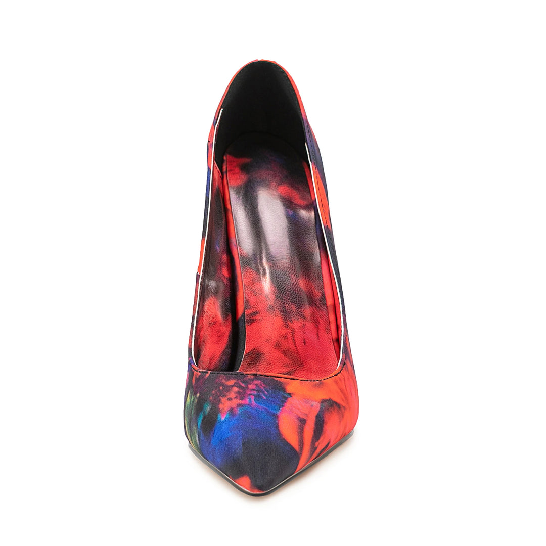 Women’s high heel pump with pointed toe, multicolor patchwork upper, black interior lining
