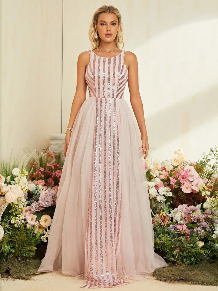 Elegant Striped Sequins Evening Dress