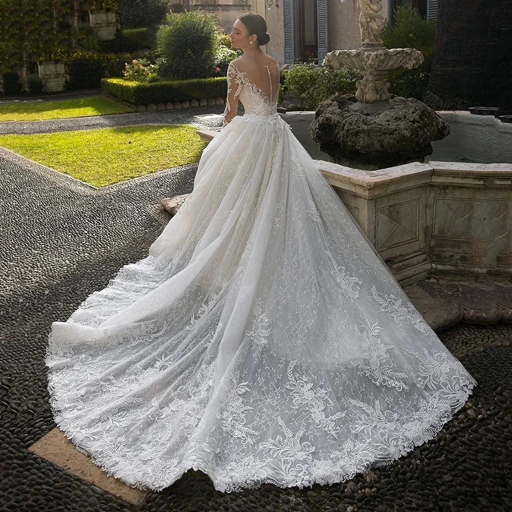 Regal Detachable Train Bridal Lace Gown