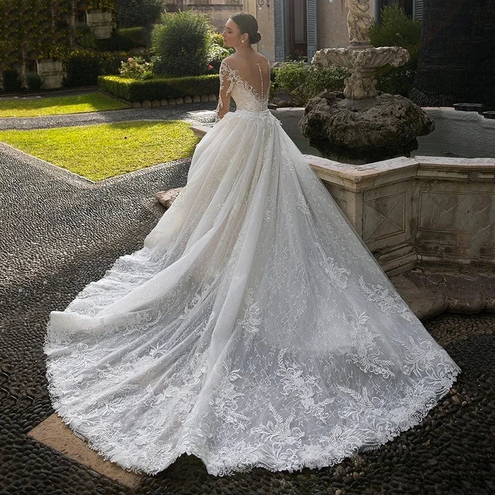 Regal Detachable Train Bridal Lace Gown