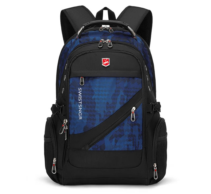 17-inch waterproof laptop backpack with blue camo front section and black multiple pockets