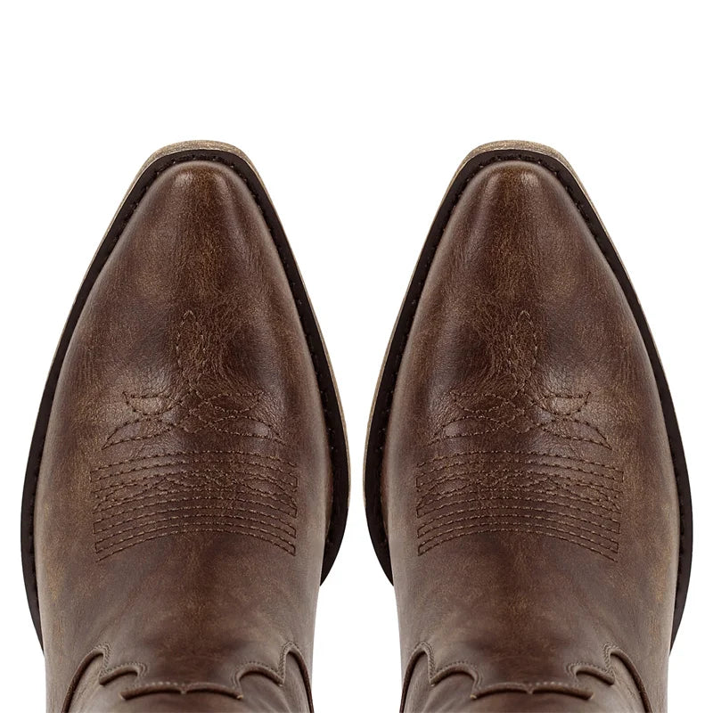 Brown pointed-toe boot uppers with decorative stitching at the toe
