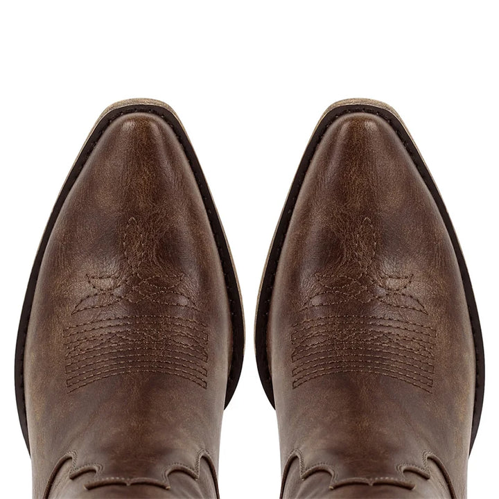 Brown pointed-toe boot uppers with decorative stitching at the toe