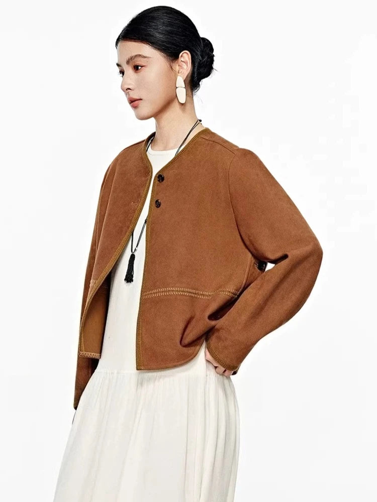 Chocolate brown suede leather jacket with button front and curved seam detail