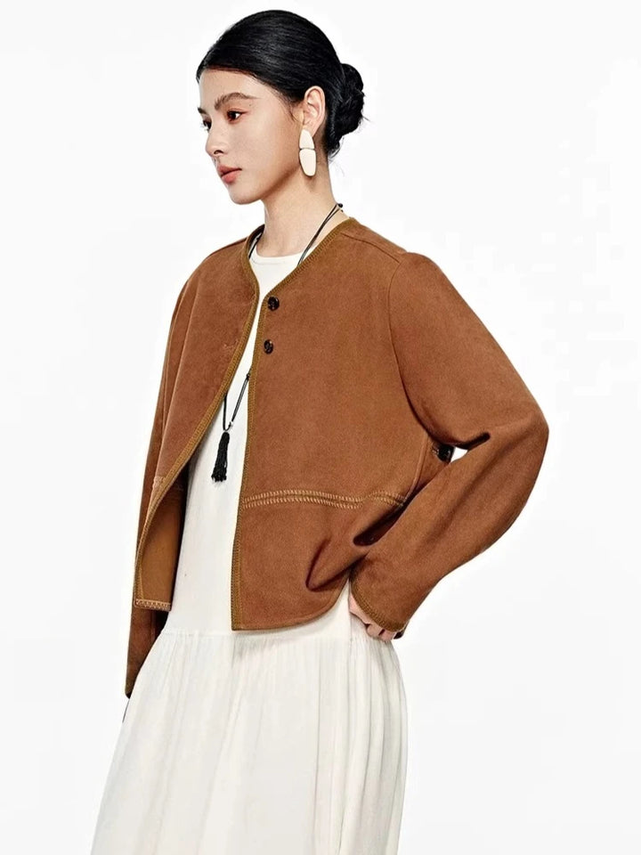 Chocolate brown suede leather jacket with button front and curved seam detail