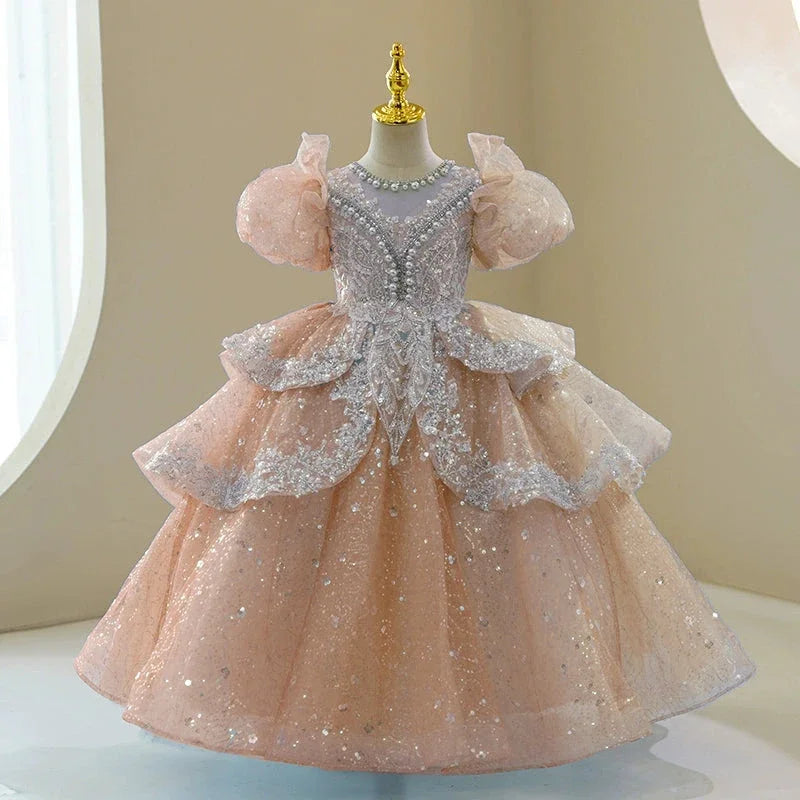 Sparkly Beaded Ruffle Tulle Girl's Gown