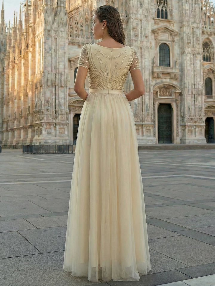 Exquisite Beaded Round Neck Prom Dress