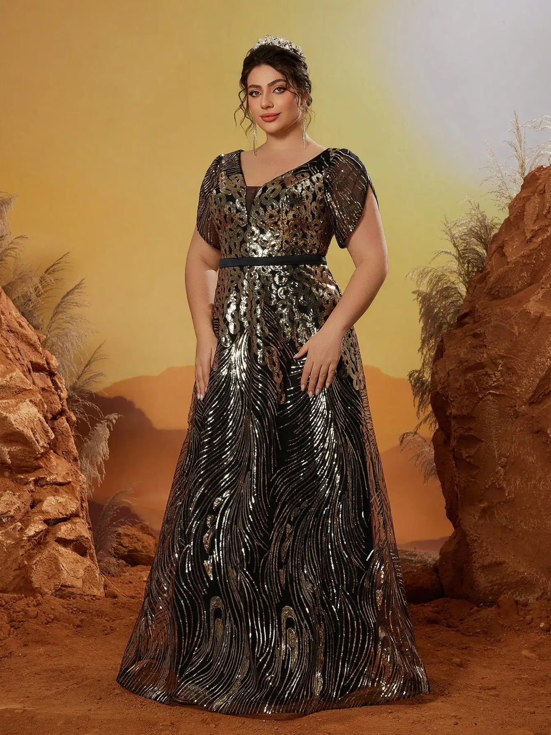 Fancy Sequins Belt Plus Size Evening Dress