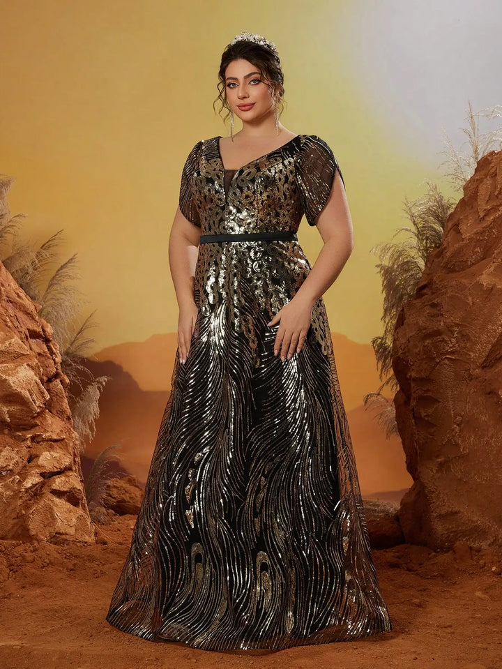 Fancy Sequins Belt Plus Size Evening Dress