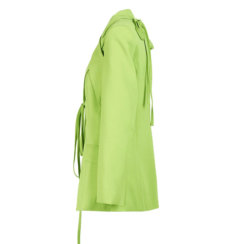 Green slim blazer with long sleeves and lace-up back ties, side flap pockets