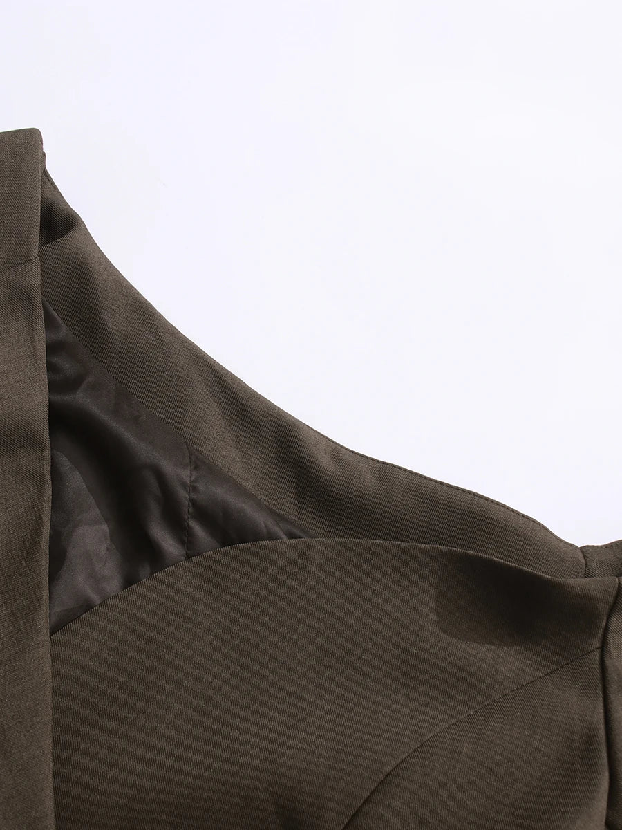 Coffee brown blazer shoulder and lapel seam detail, single-breasted front panel