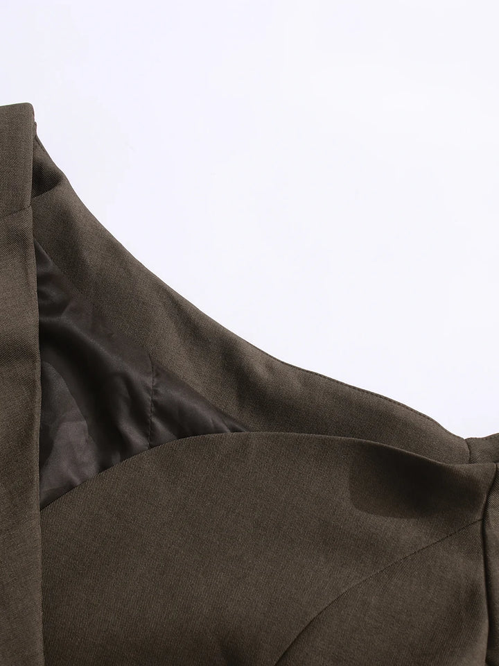 Coffee brown blazer shoulder and lapel seam detail, single-breasted front panel