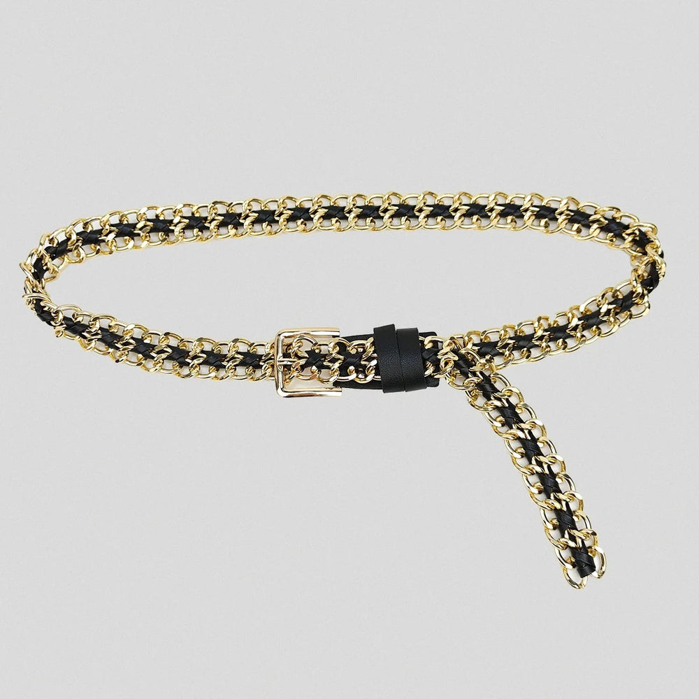 Gold chain link belt with black leather strap, square buckle, and dangling chains