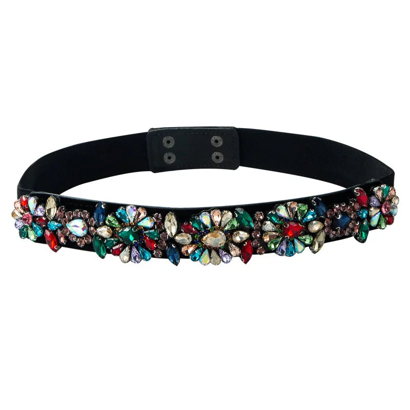 Rhinestone corset waist belt with black band and multicolor gem flower clusters