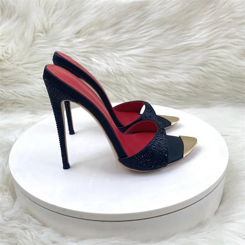 Crystal Black Shiny High Heeled Sandals