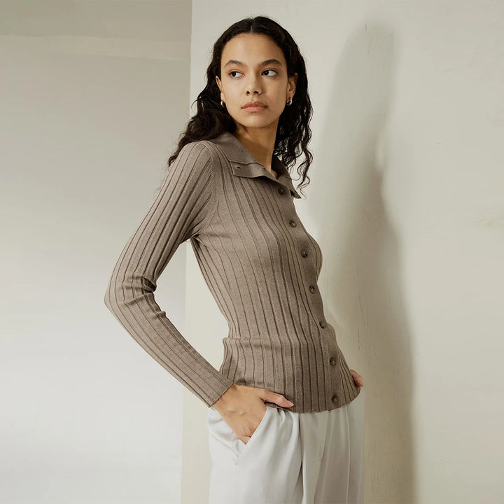 Ribbed Front Button Cashmere Blend Cardigan