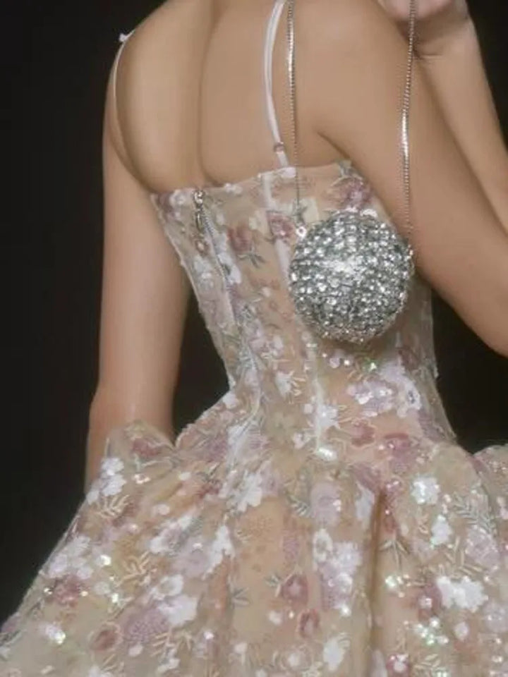 Beige sequin bust detail with floral appliques and sweetheart neckline