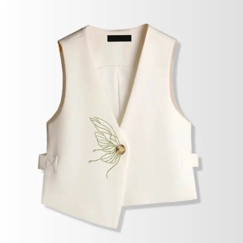 Off-white embroidered irregular waistcoat with bird motif and gold button