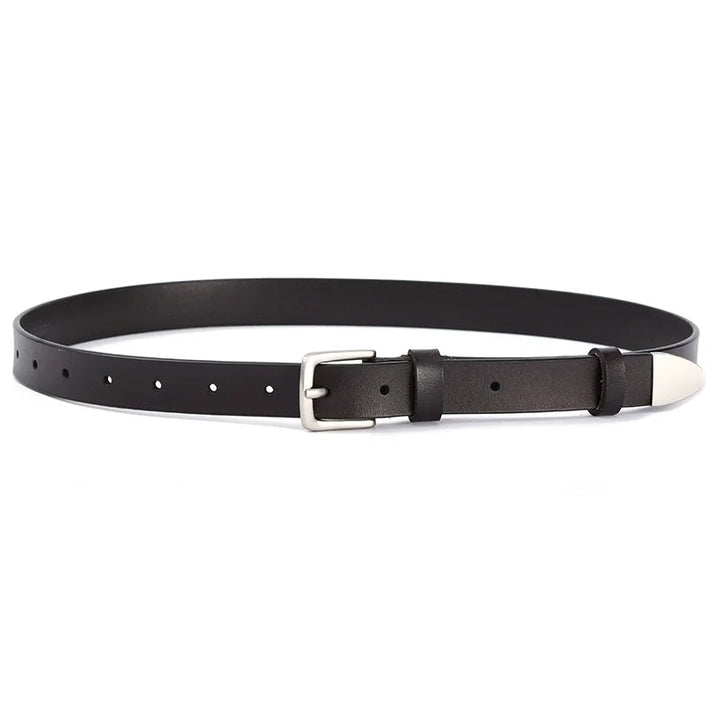 Women’s genuine leather waist belt in black with silver-tone buckle and keeper