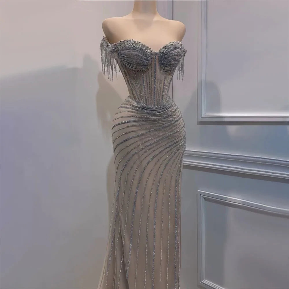 Boat Neck Elegant Beaded Evening Gown