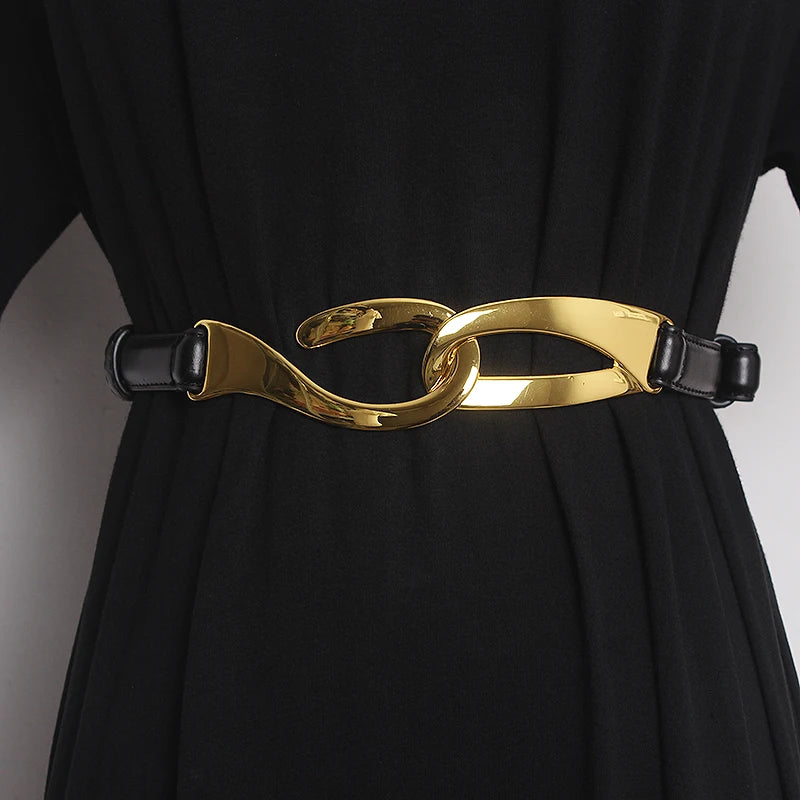 Leather corset waist belt with gold buckle and black leather straps