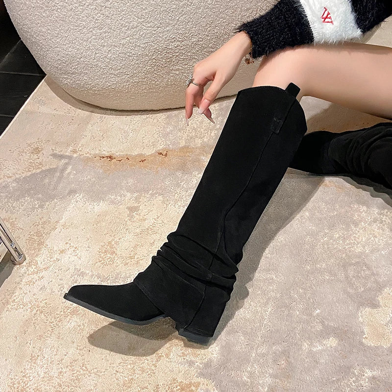 Trendy Pleated Mid-Calf Cow Suede Boots
