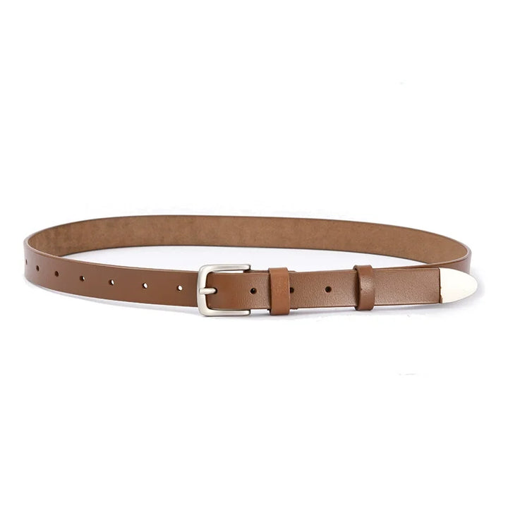 Light brown genuine leather waist belt with silver buckle and white keeper