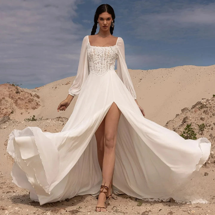 Chiffon bridal gown with lace corset bodice, square neckline, front slit, flared skirt