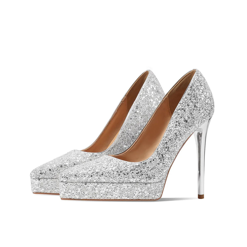 Silver glitter pointed-toe stiletto pumps, side view, tall shiny high heel
