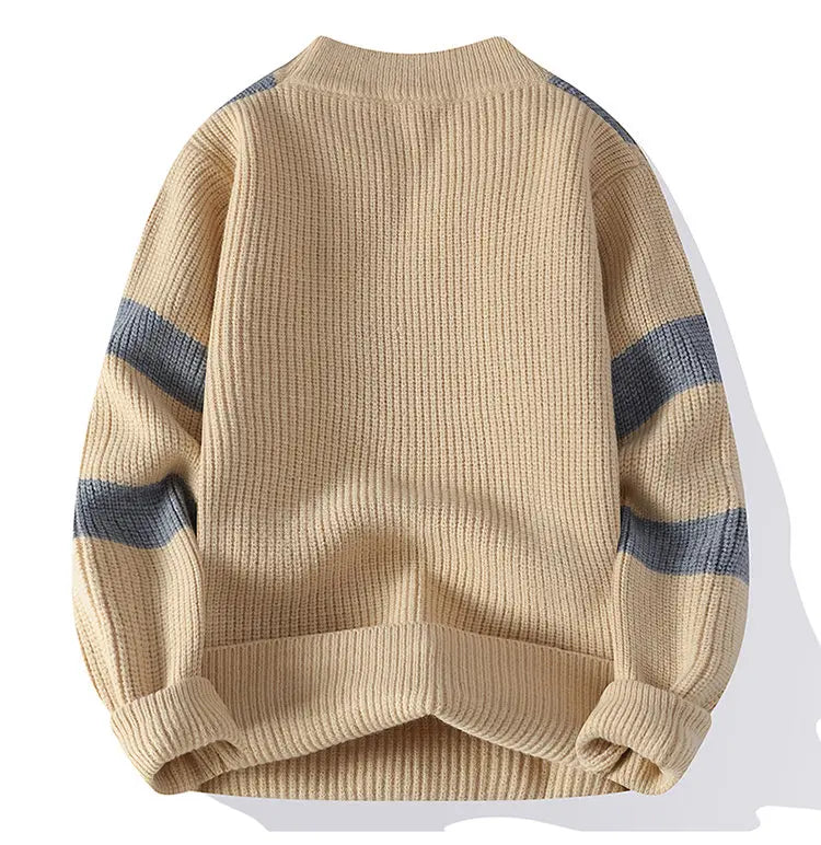 Men's knitted pullover sweater, khaki beige with dark blue stripe sleeve bands