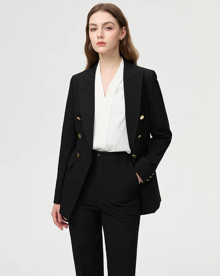 Women’s black office suit set with gold-button blazer and tailored pants with belt loops