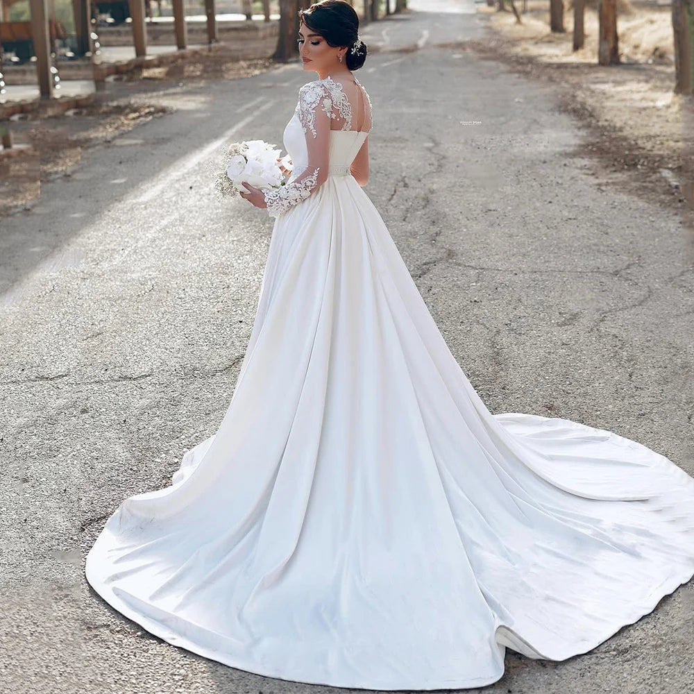 Radiant Satin O-Neck Appliques Bridal Dress