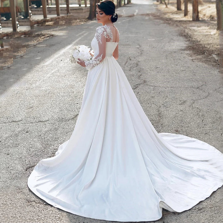 Radiant Satin O-Neck Appliques Bridal Dress