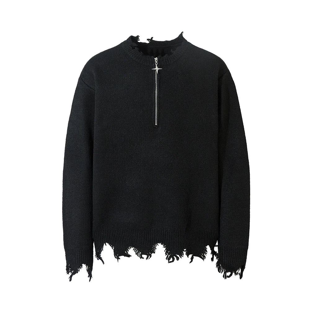 Comfortable Frayed Hem Ripped Knit Sweater