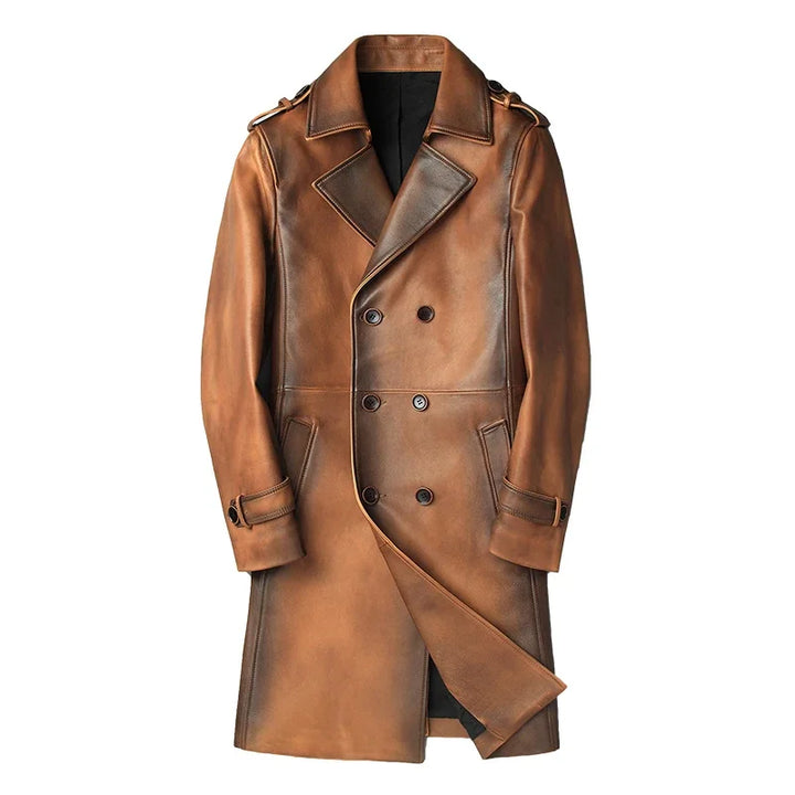 Vintage Natural Sheepskin Leather Long Coat