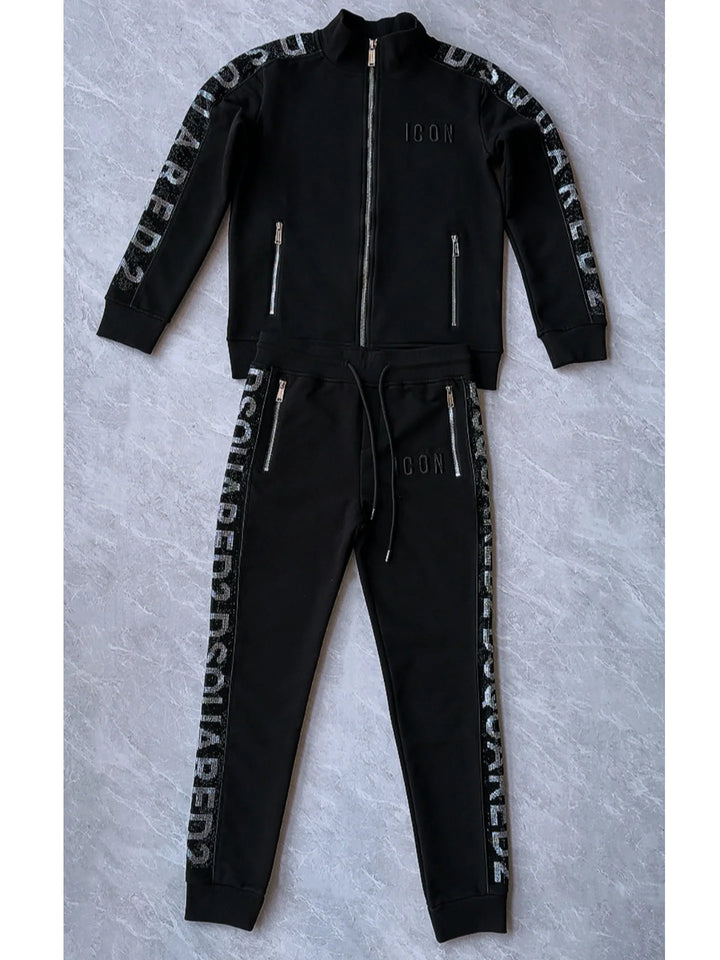 Black DSQUARED2 tracksuit with full-zip jacket and joggers, side logo tape and drawstring