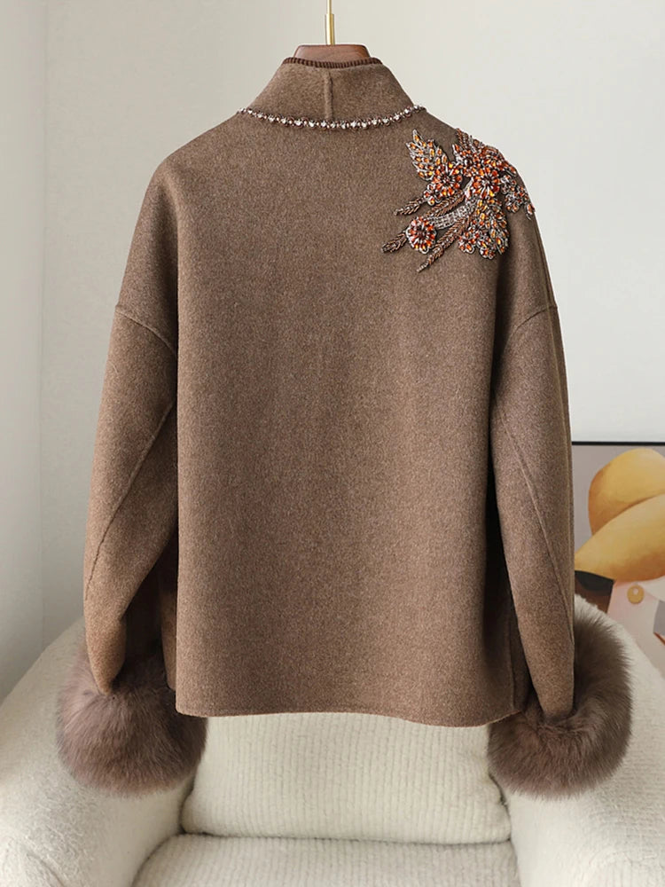 Real Natural Warm Wool Fur Cuff Coat