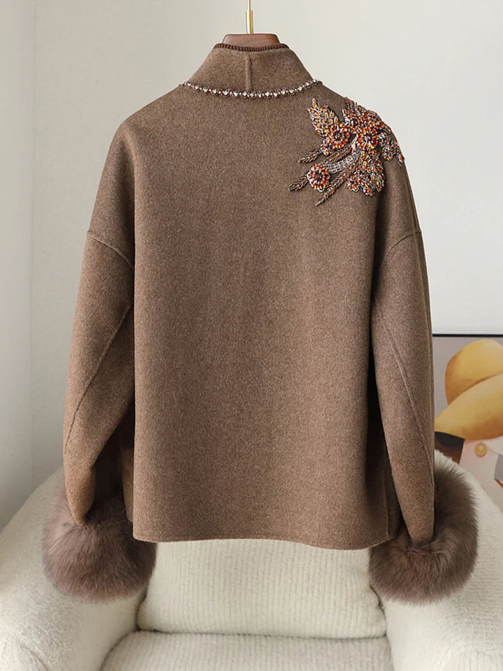 Real Natural Warm Wool Fur Cuff Coat