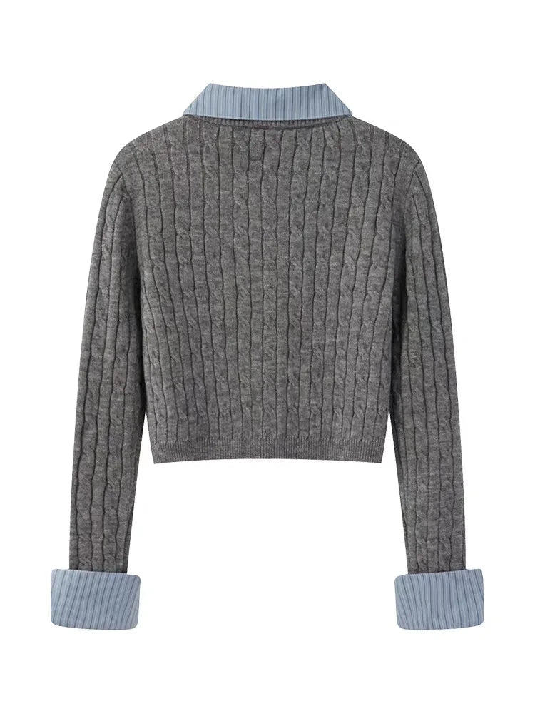 Gray ribbed sweater with light blue collar and cuffs on a white background, featuring 'Canton Story' brand.