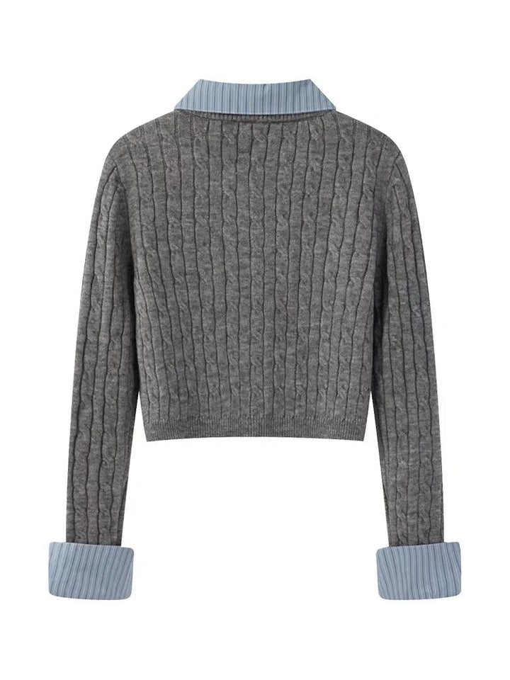 Gray ribbed sweater with light blue collar and cuffs on a white background, featuring 'Canton Story' brand.