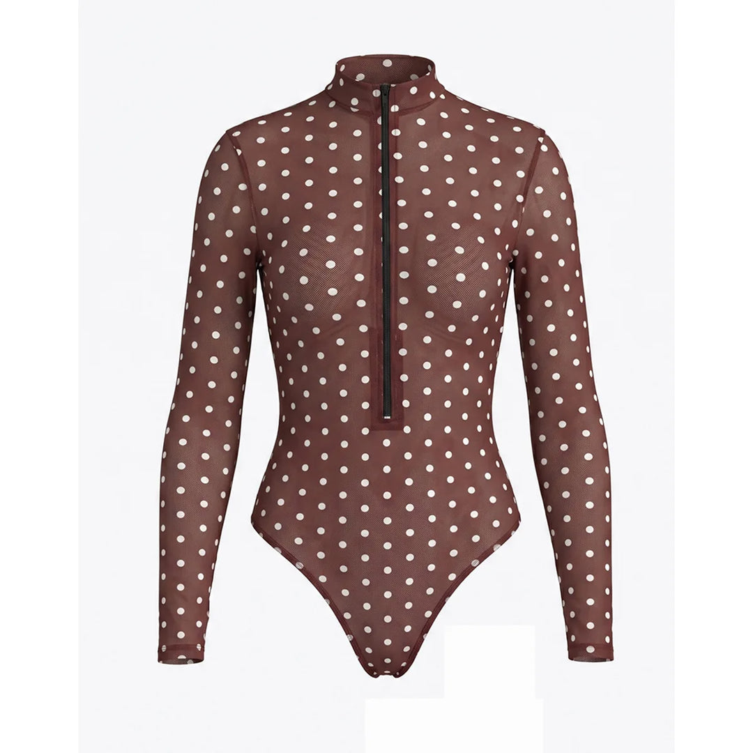 Brown polka dot long-sleeve one-piece swimsuit with half-zip back