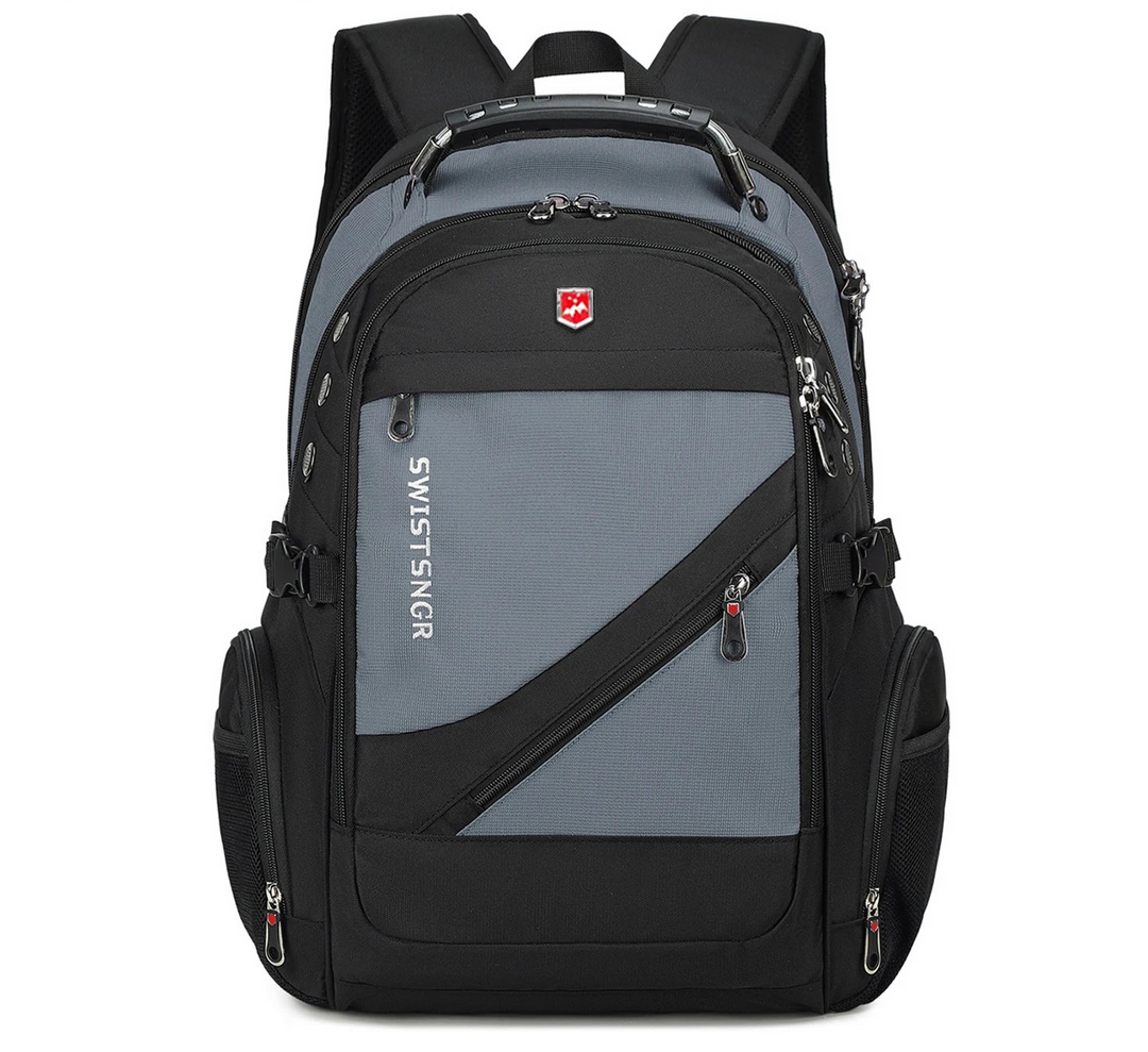 17-inch waterproof laptop backpack with light blue front panel and diagonal zipper pocket