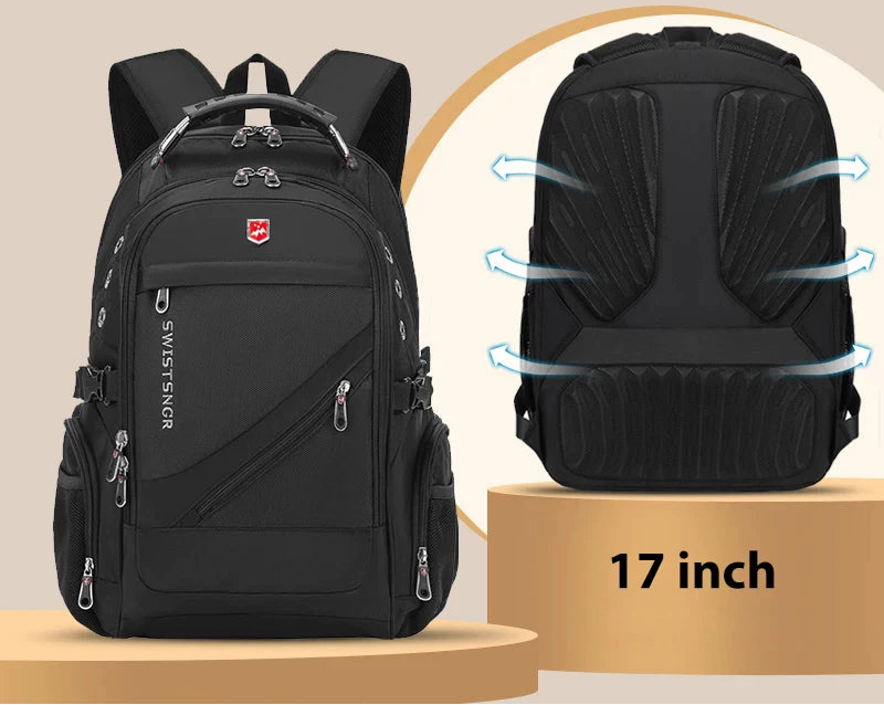 Black waterproof 17-inch laptop backpack front and back view with ventilated padded back panel