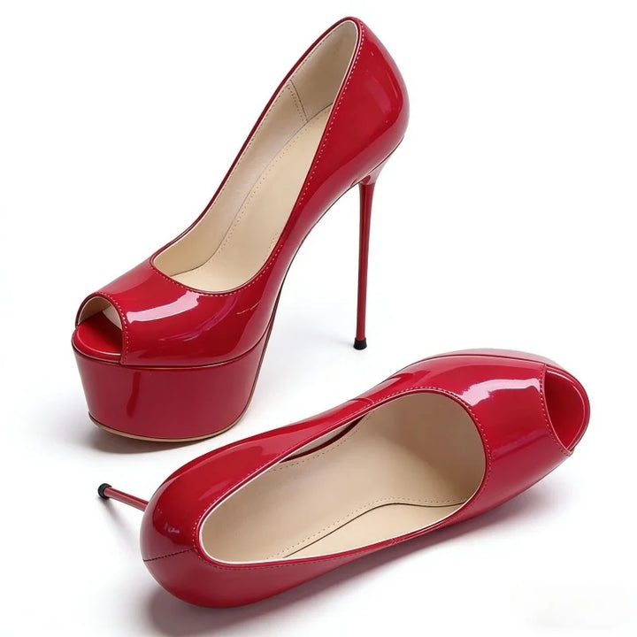 Red patent leather peep-toe platform high heel pumps, angled pair view