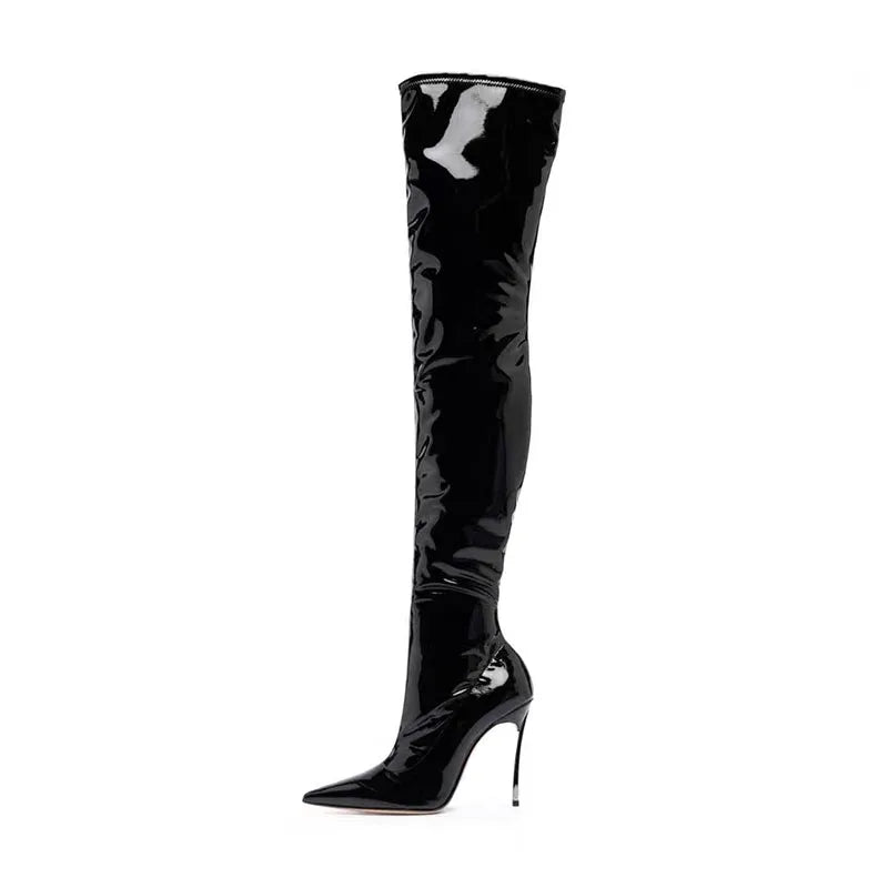 Black shiny patent leather knee-high high heel boots, pointed toe.